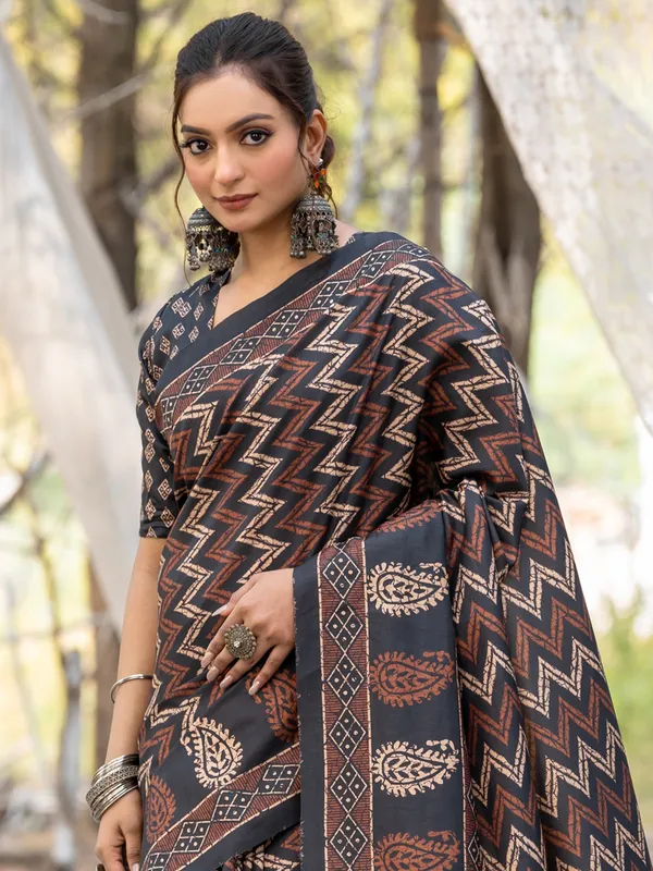 Black printed saree in cozi silk