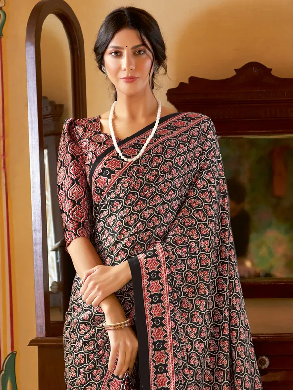 Black printed saree in japan silk