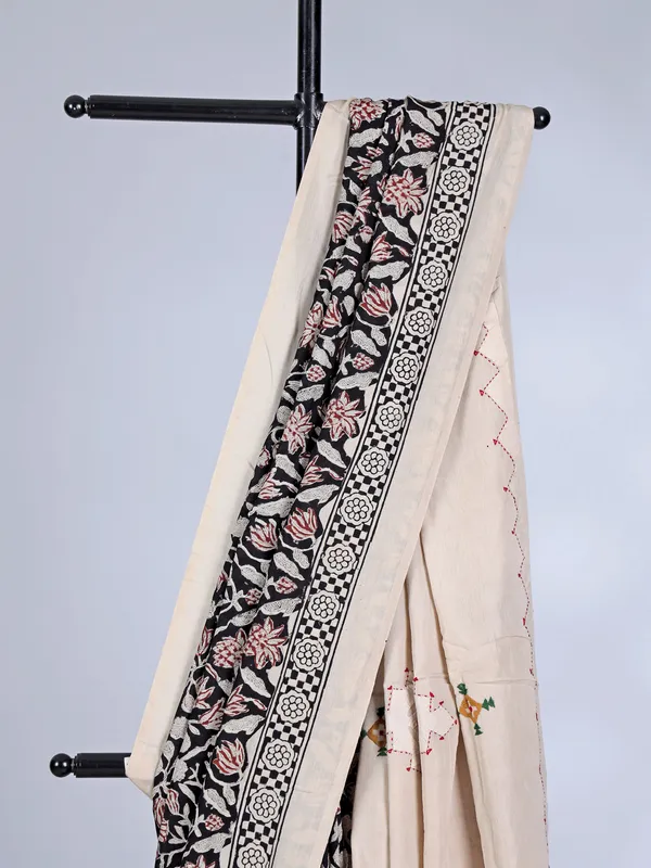 Black printed saree in tusser silk with thread work