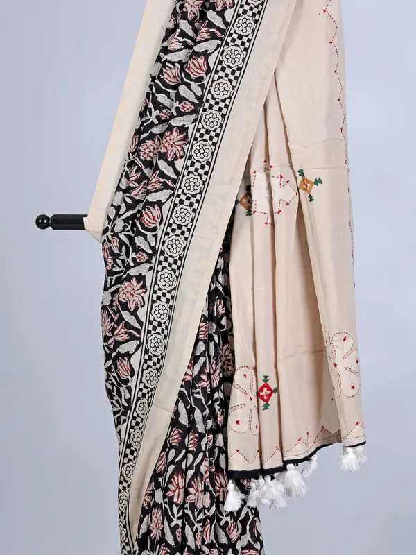 Black printed saree in tusser silk with thread work