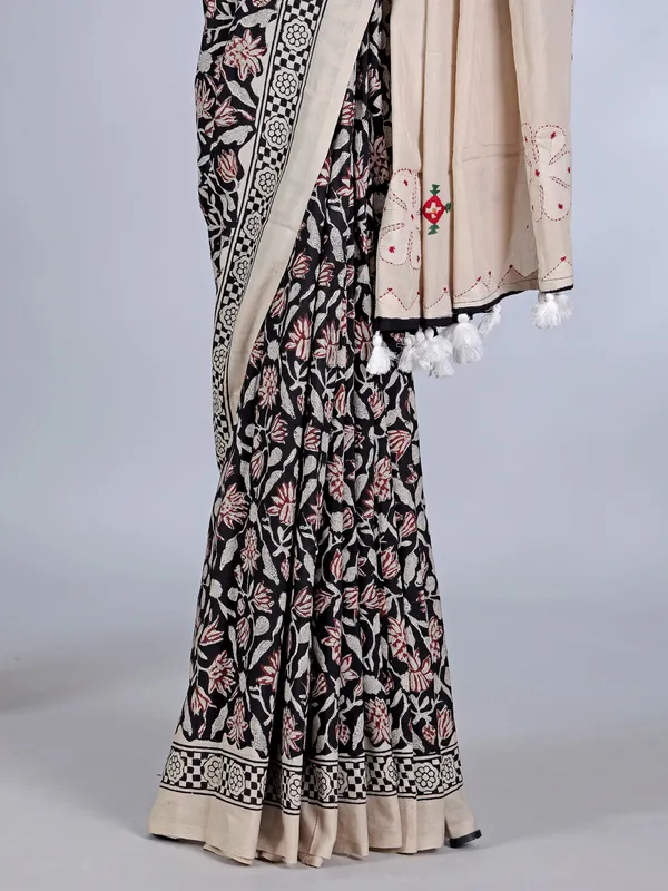 Black printed saree in tusser silk with thread work