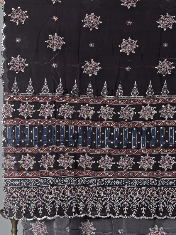 Black printed satin silk saree with festive wear