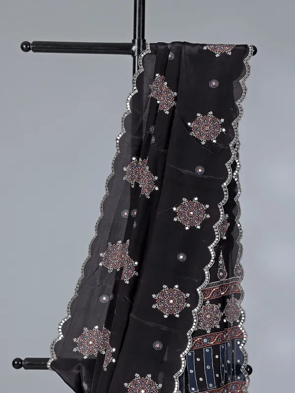 Black printed satin silk saree with festive wear