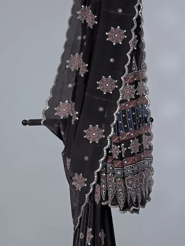 Black printed satin silk saree with festive wear