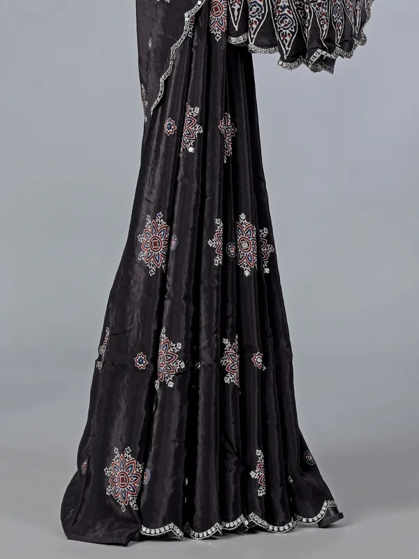 Black printed satin silk saree with festive wear