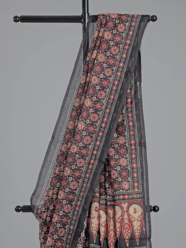 Black printed semi cotton saree with sequins