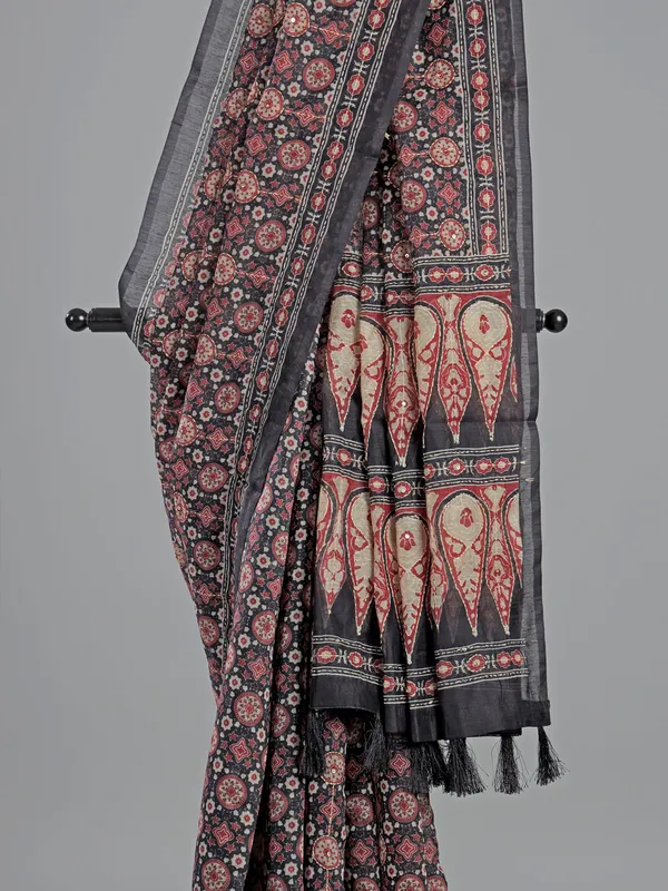 Black printed semi cotton saree with sequins
