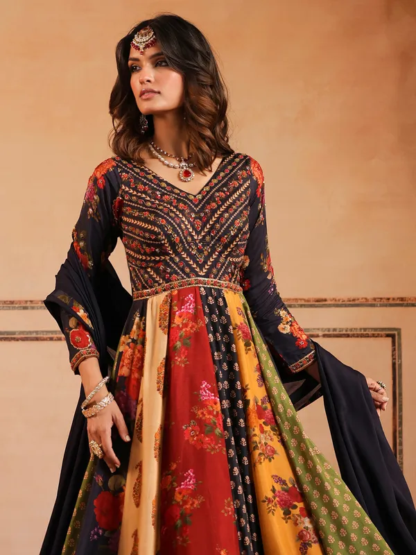 Black printed silk anarkali suit with dupatta