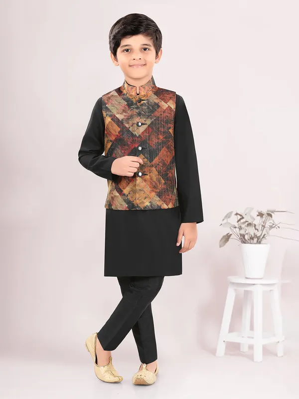 Black printed silk boys waistcoat set