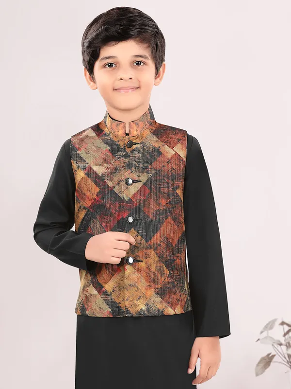 Black printed silk boys waistcoat set