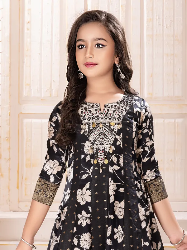 Black printed silk girls gown for wedding wear