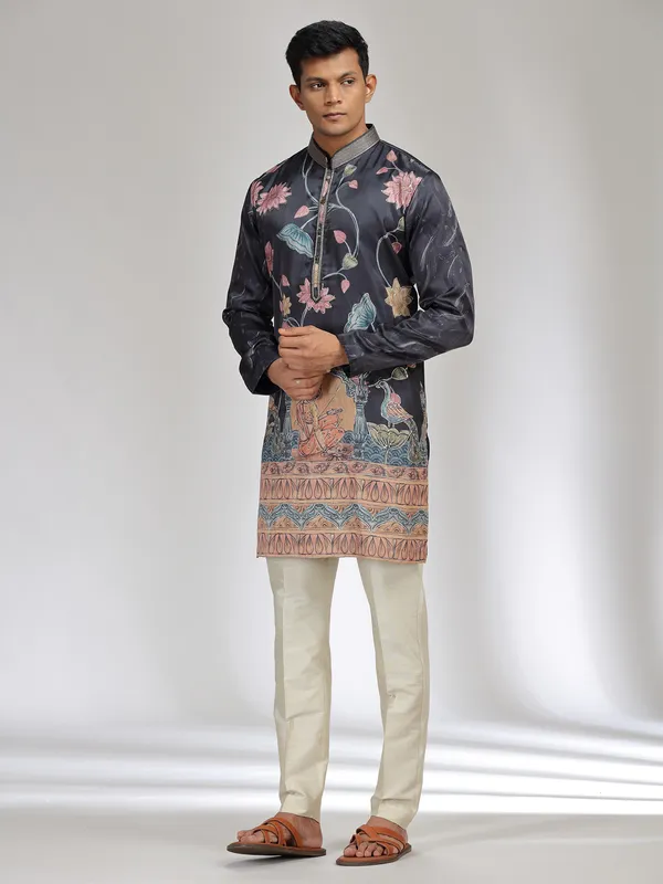 Black printed tusser silk kurta pajama for festive wear