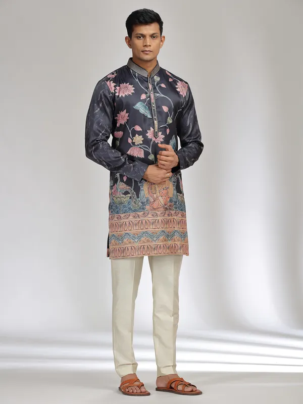 Black printed tusser silk kurta pajama for festive wear