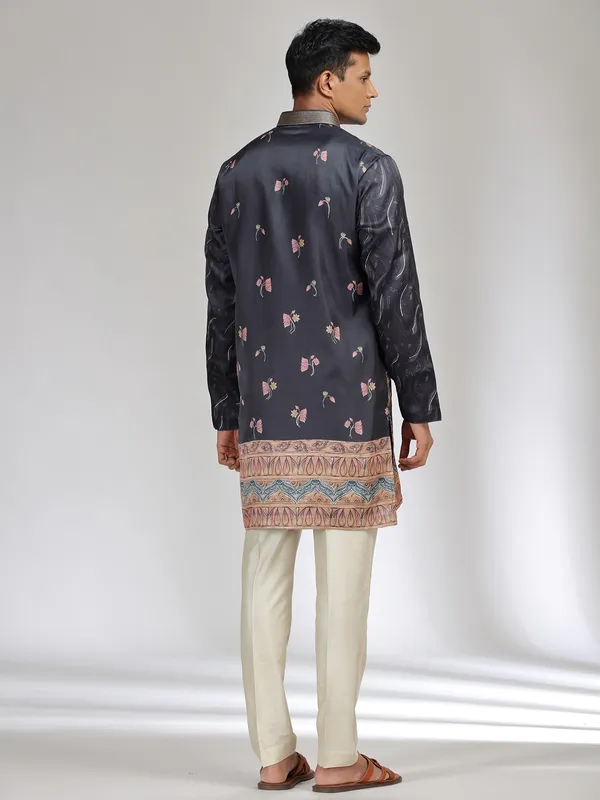 Black printed tusser silk kurta pajama for festive wear
