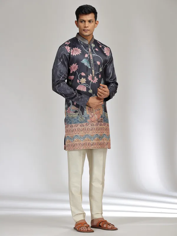 Black printed tusser silk kurta pajama for festive wear