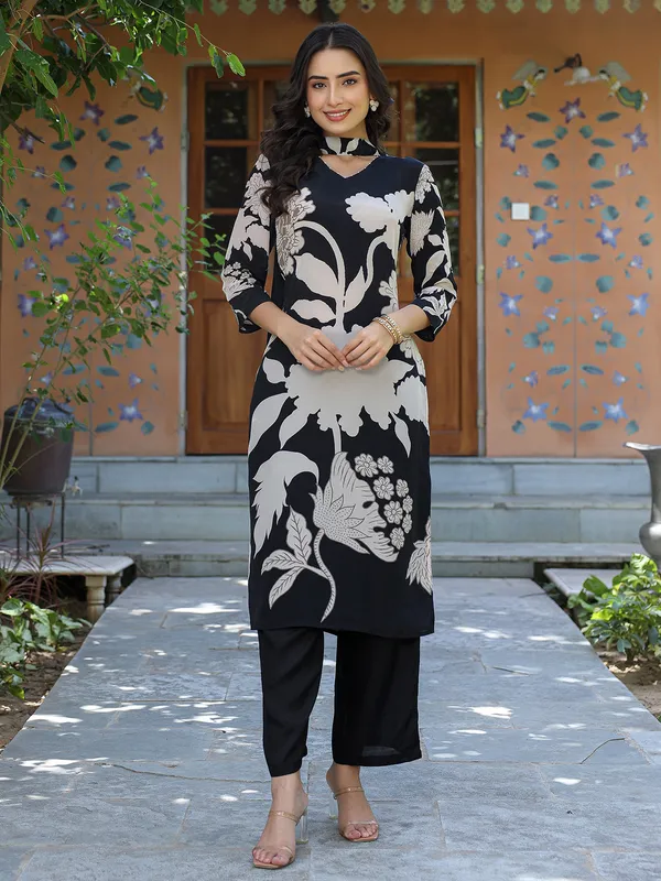 Black printed silk kurti set