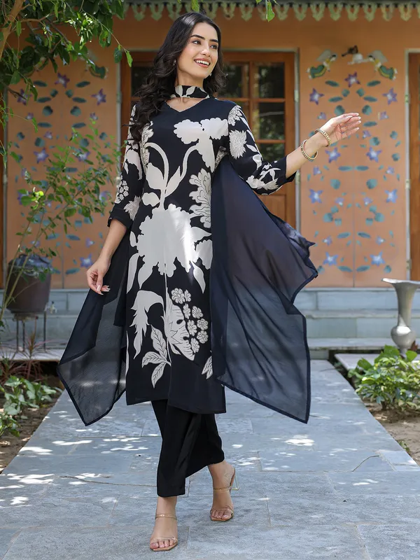 Black printed silk kurti set