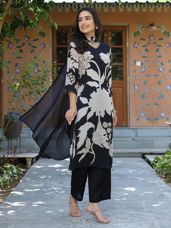 Black printed silk kurti set