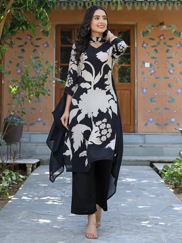 Black printed silk kurti set