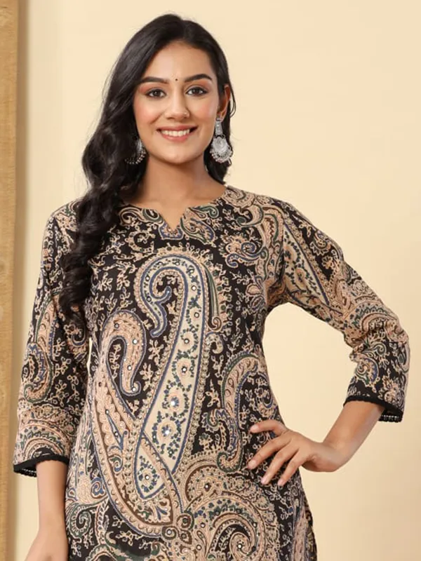 Black printed silk kurti set for women