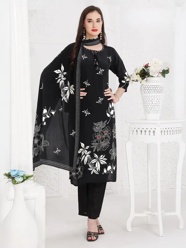 Black printed silk kurti set for women festive wear
