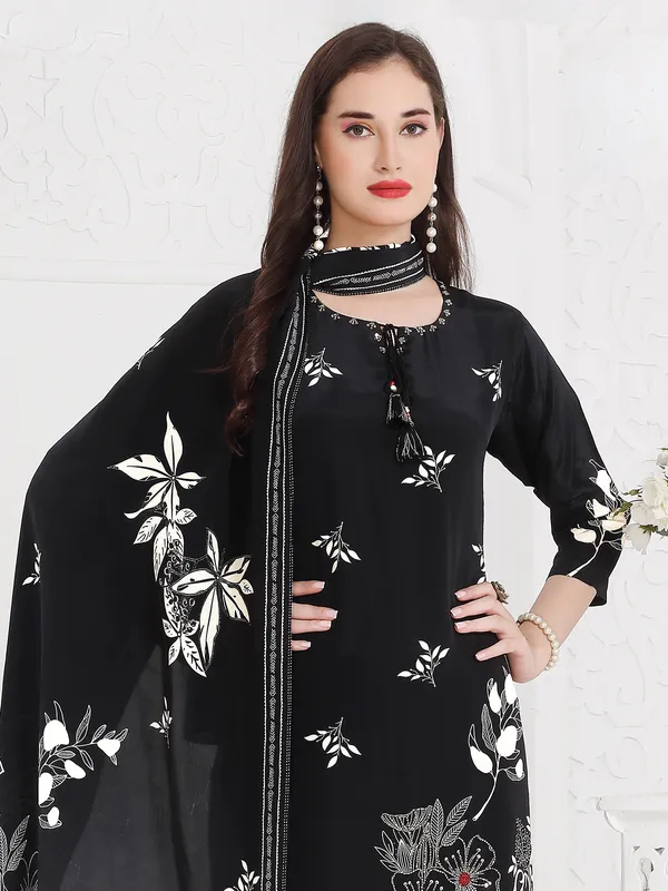 Black printed silk kurti set for women festive wear