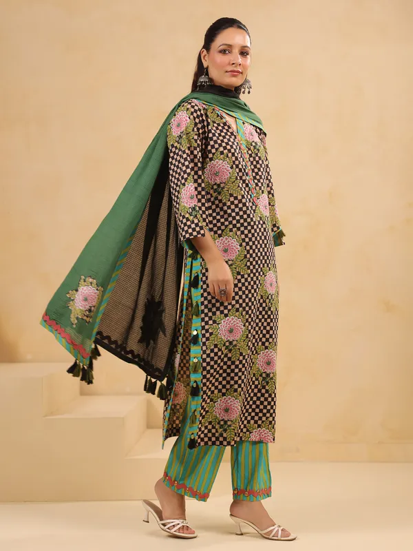 Black printed silk kurti set with dupatta for women