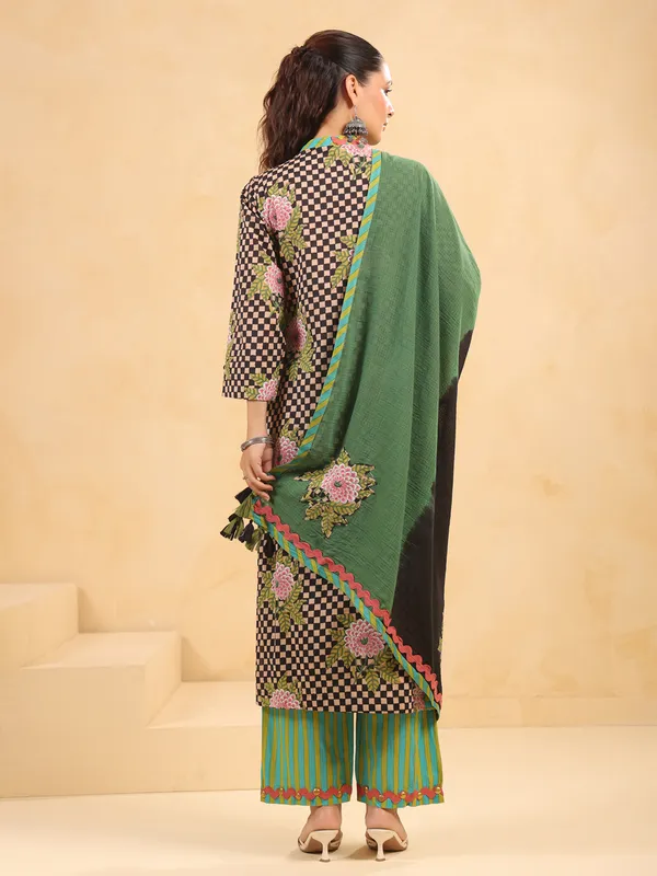 Black printed silk kurti set with dupatta for women