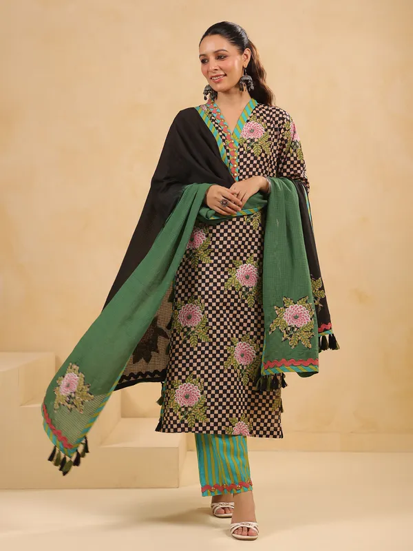 Black printed silk kurti set with dupatta for women