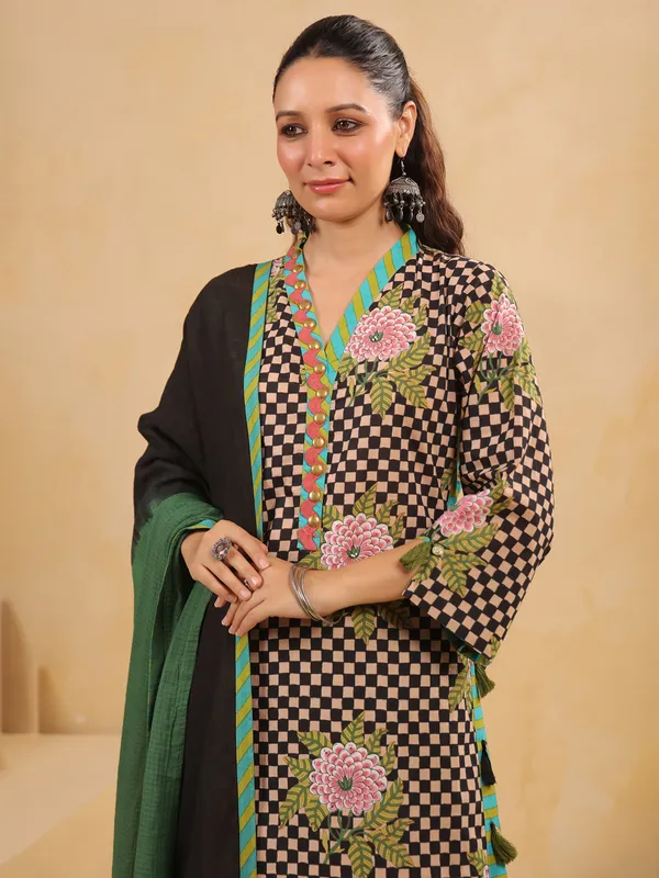 Black printed silk kurti set with dupatta for women
