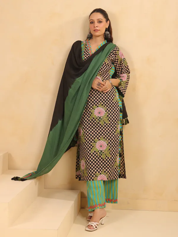 Black printed silk kurti set with dupatta for women