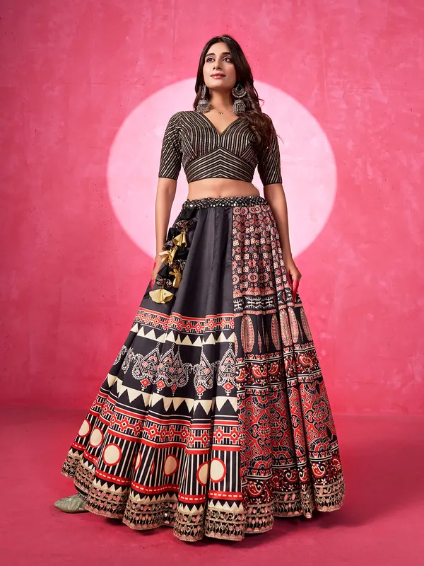 Black printed silk navratri lehenga choli