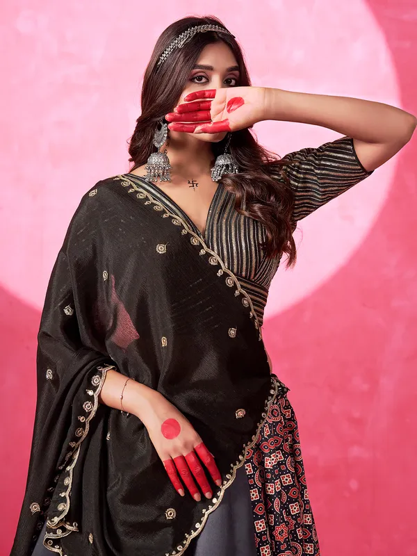 Black printed silk navratri lehenga choli