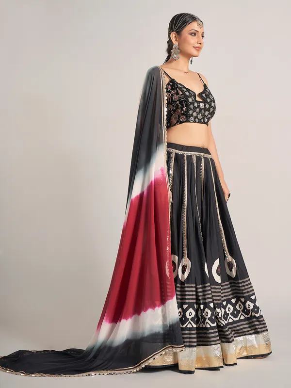 Black printed silk navratri wear chaniya choli