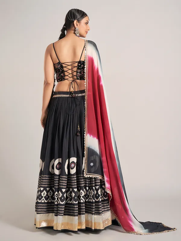 Black printed silk navratri wear chaniya choli