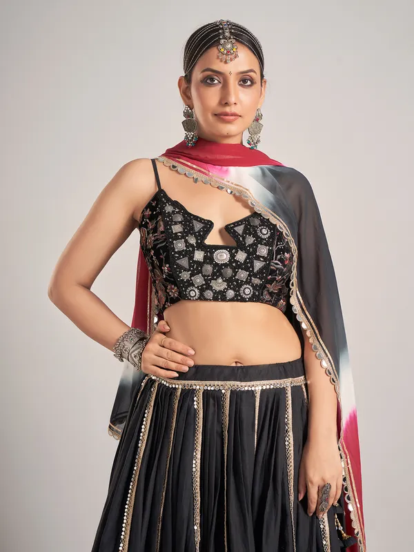 Black printed silk navratri wear chaniya choli