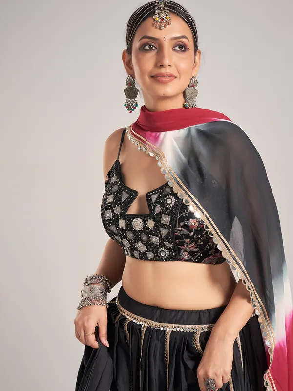 Black printed silk navratri wear chaniya choli