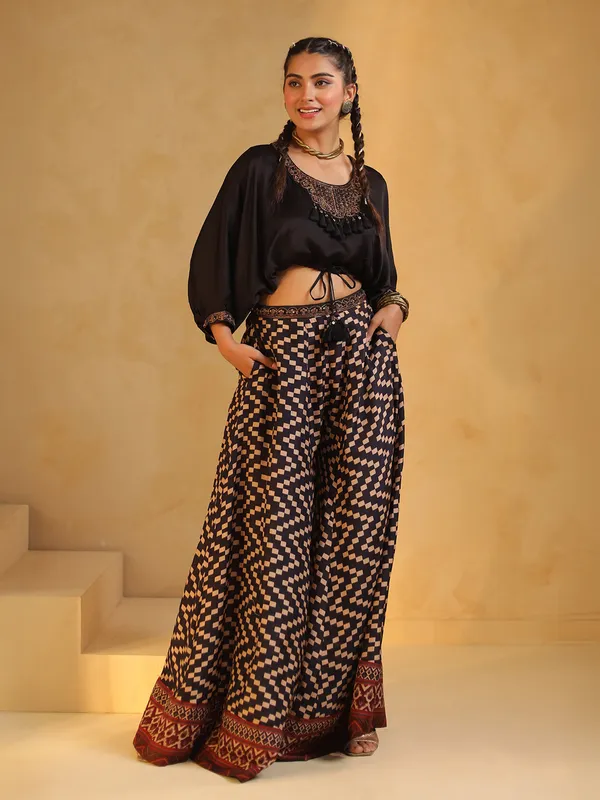 Black printed silk palazzo co ord set in round neck