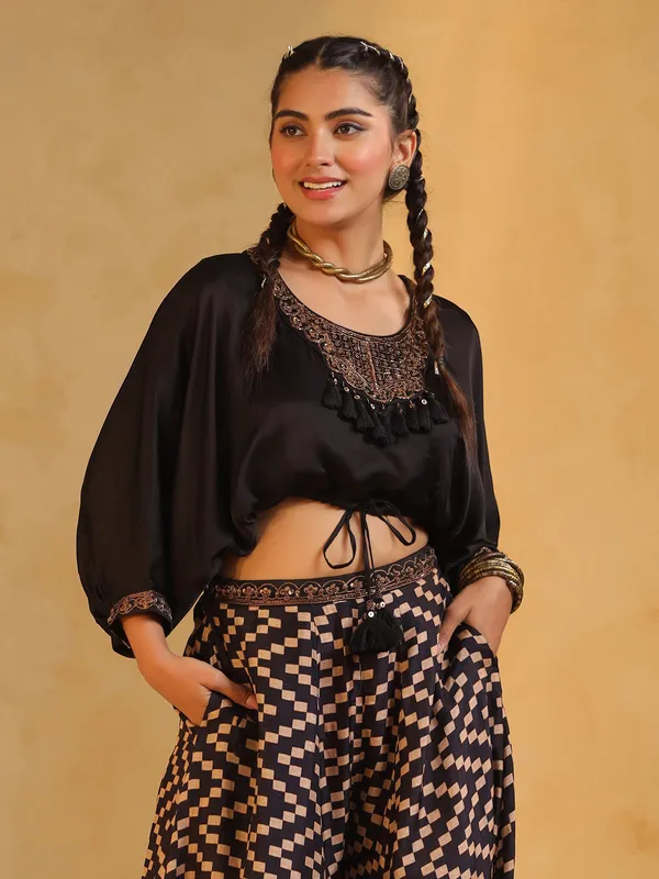 Black printed silk palazzo co ord set in round neck