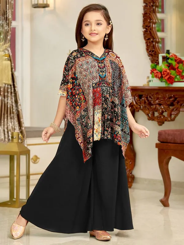Black printed silk palazzo salwar suit