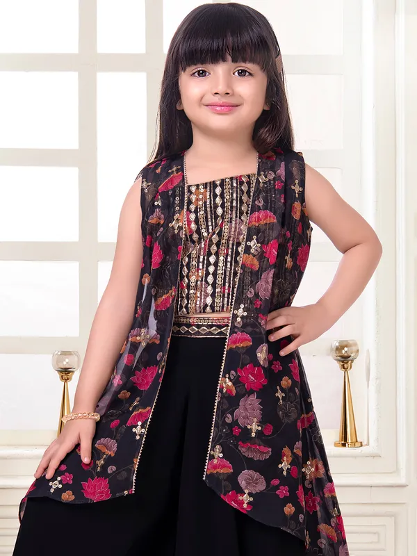 Black printed silk palazzo suit with shrug