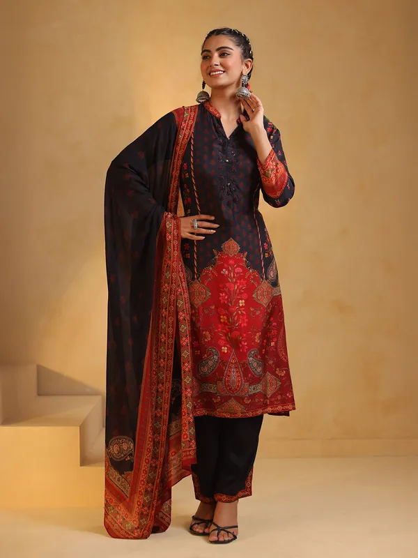 Black printed silk salwar suit for festivals