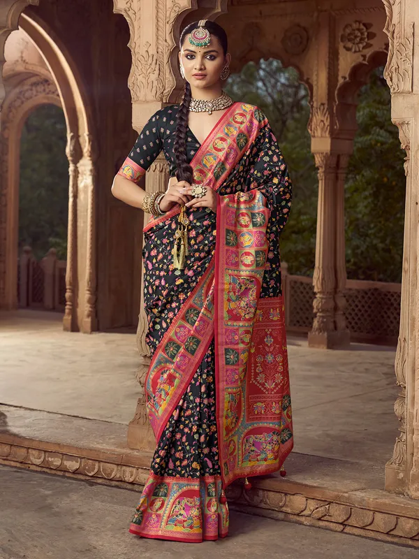 Black printed Silk saree for festival