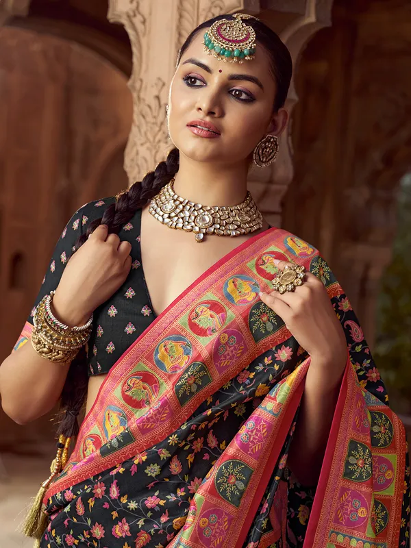 Black printed Silk saree for festival
