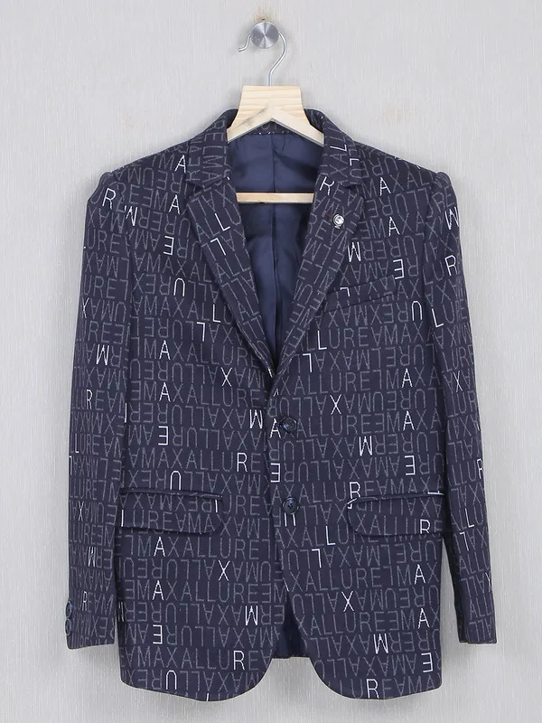Black printed terry rayon blazer for boys