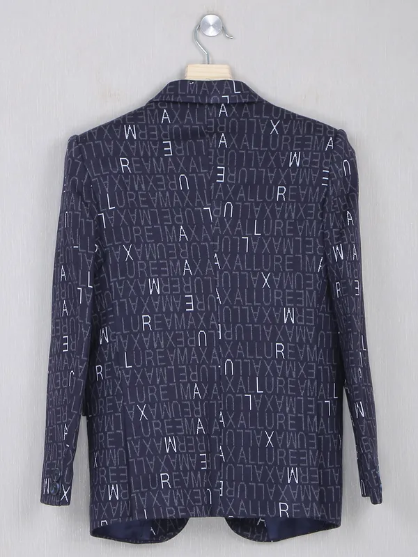 Black printed terry rayon blazer for boys