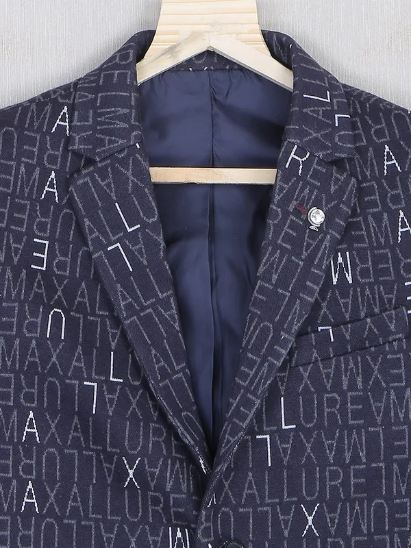 Black printed terry rayon blazer for boys