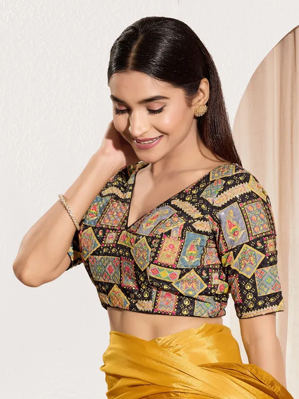 Black printed viscose rayon ready made blouse