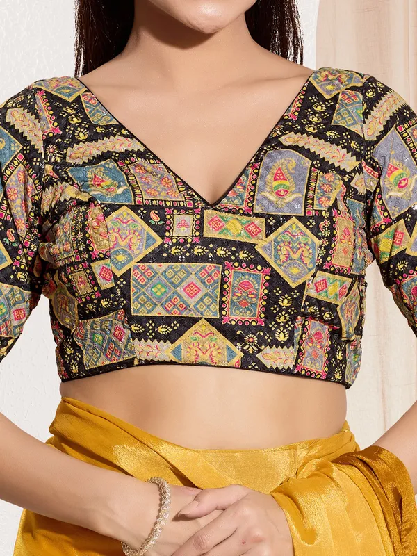 Black printed viscose rayon ready made blouse