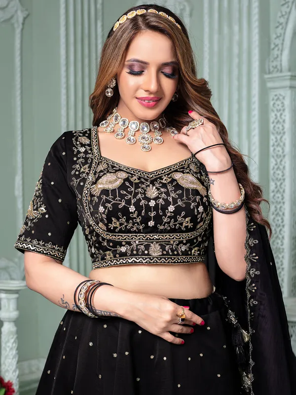 Black raw silk lehenga choli with sweetheart neck